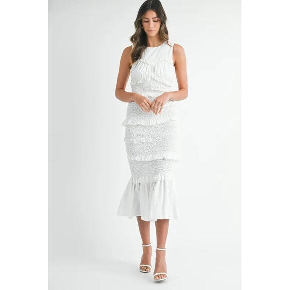 MABLE Ruffled Popcorn Smocked Mermaid Midi Dress - Picture 3 of 10